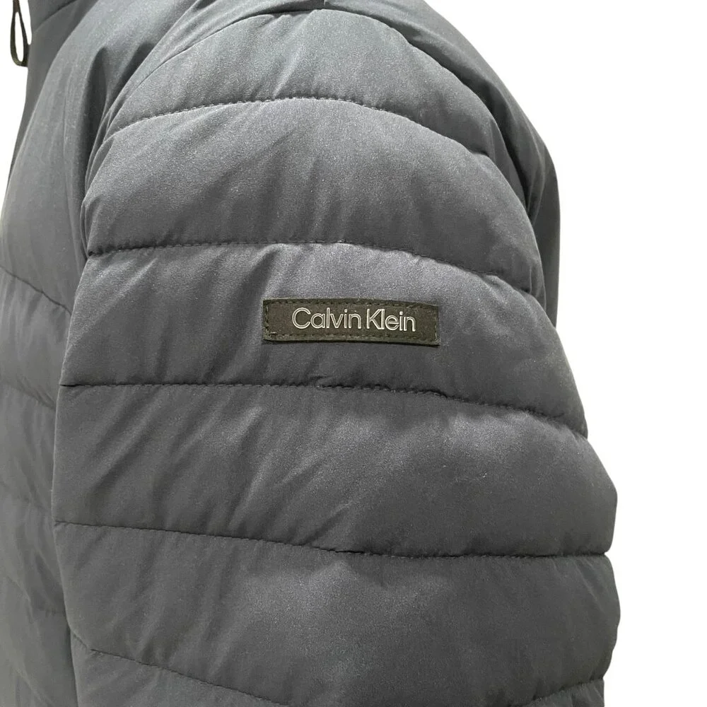 Calvin Klein Black Puffer Jacket L Water Resistant Sorona Aura‎ Faux Fur Lining